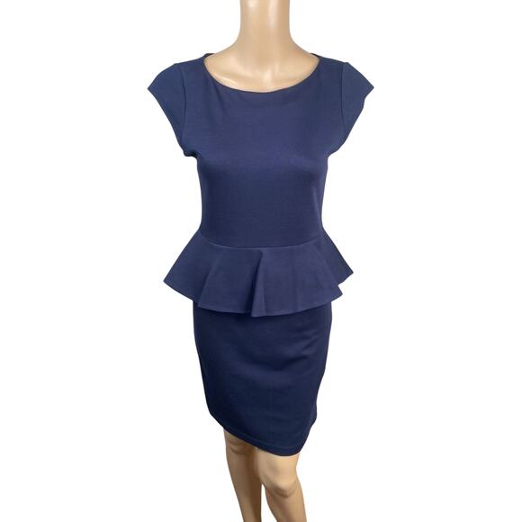 Alice + Olivia Employed Navy Blue Cap Sleeve Peplum Sheath Dress SZ 8 - Picture 3 of 8